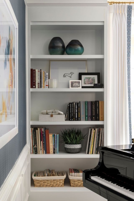 Transitional Living Room Built-In Cabinetry Shelving Cream Sectional