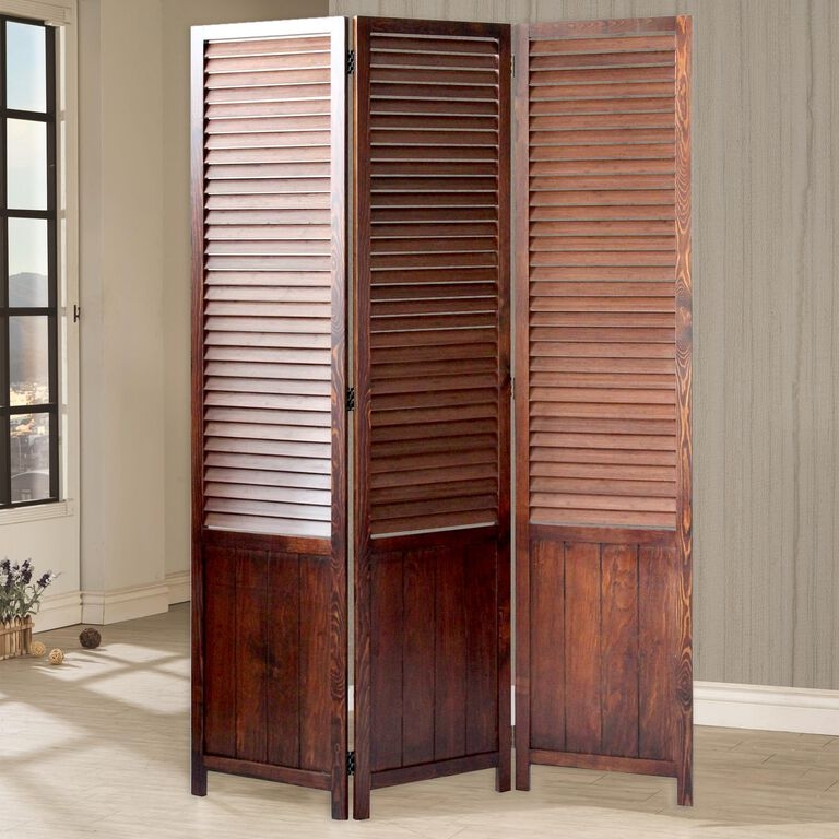 Transitional Room Divider Dark Wood Shutter Style Solid Base 3 Panel
