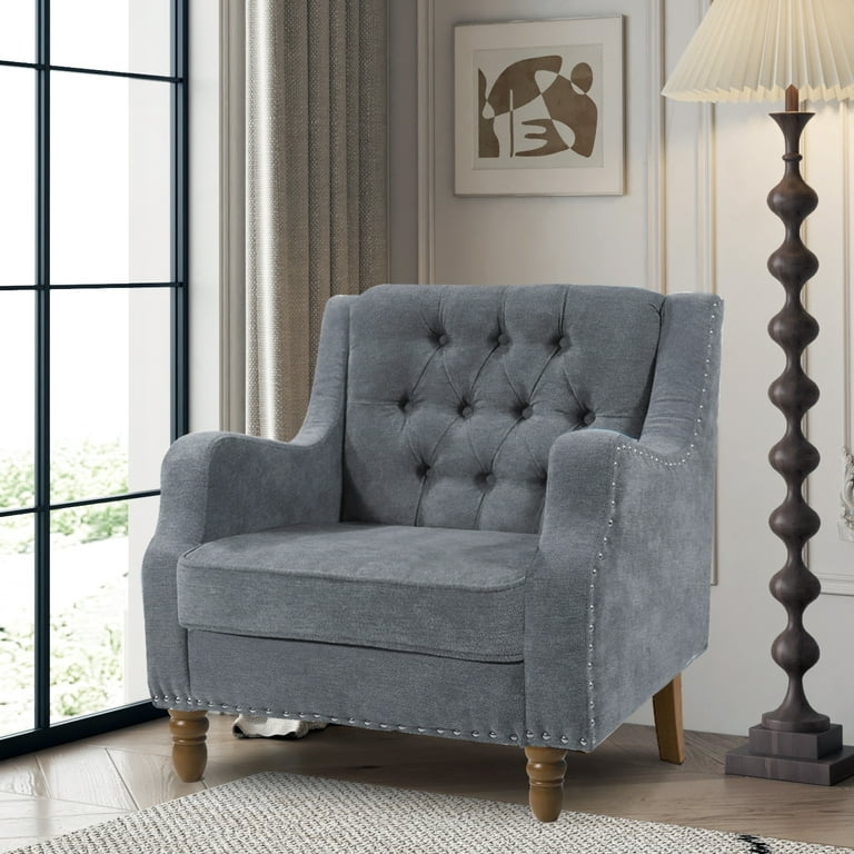 Transitional Tufted Accent Chair with Flared Arms and Tapered Wood Legs