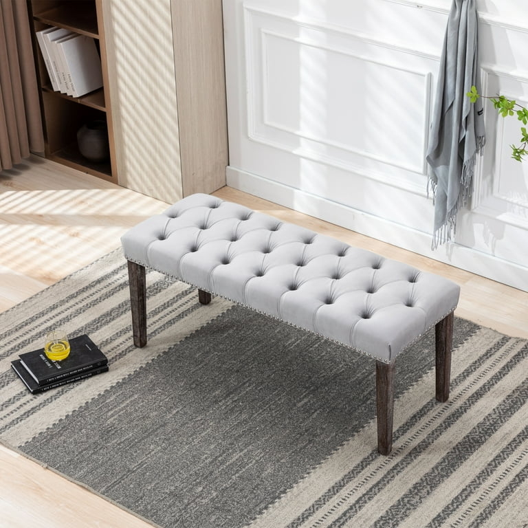 Transitional Upholstered Bench with Nailhead Trim and Velvet Look Fabric