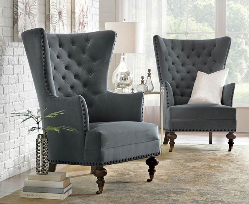 Transitional Wingback Accent Chair, Navy Blue & Blonde Wood Frame