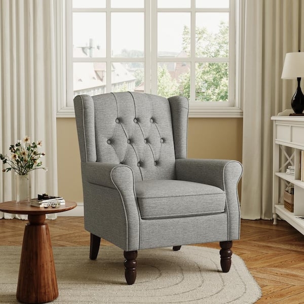 Transitional Wingback Accent Chair with High Back and Button Tufting