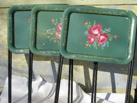 Tray Table: Floral Litho Print, Hunter Green Metal, Folding Snack Tables