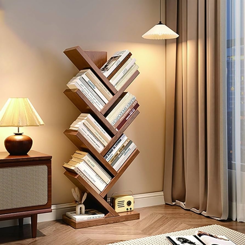 Tree Bookshelf Cherry Finish Angled Shelves Base Drawer Storage