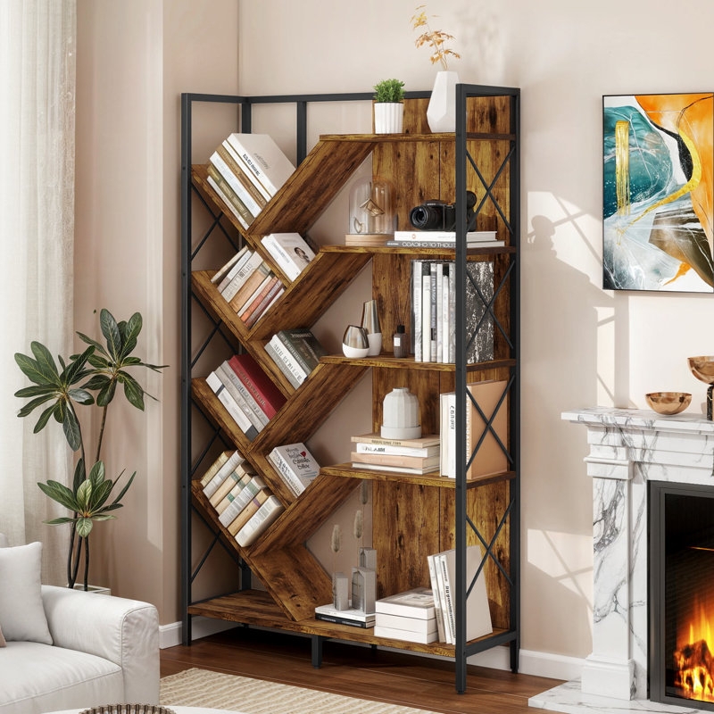 Tree Silhouette Etagere Bookcase with Staggered Diagonal Shelves