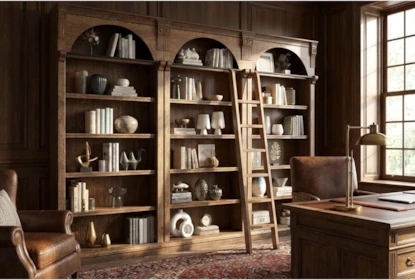 Triple Bookcase Set Arched Tops Rolling Ladder Traditional Library Wall