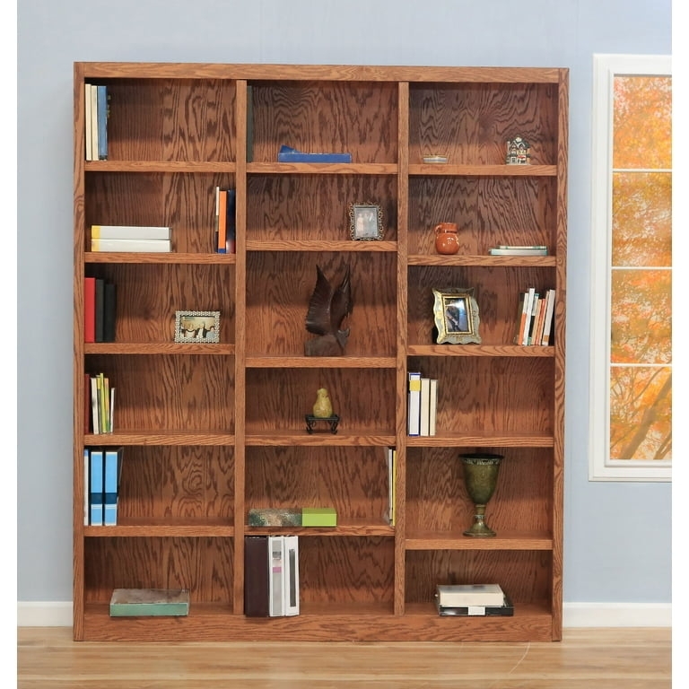 Triple Wide Bookcase, Dry Oak Finish with Recessed Side Panels.