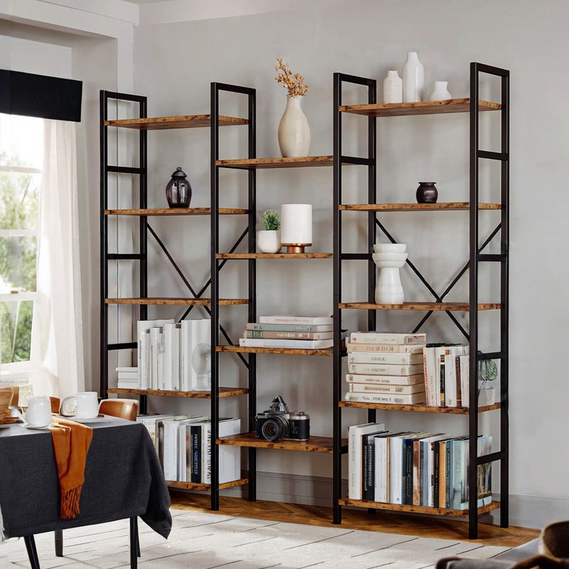 Triple-Wide Etagere Bookcase, 5-Tier Rustic Industrial Large Display
