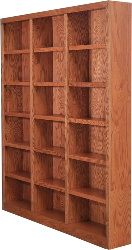 Triple Wide Wood Bookcase, 18-Shelf Tall Library Shelving Unit in Oak.