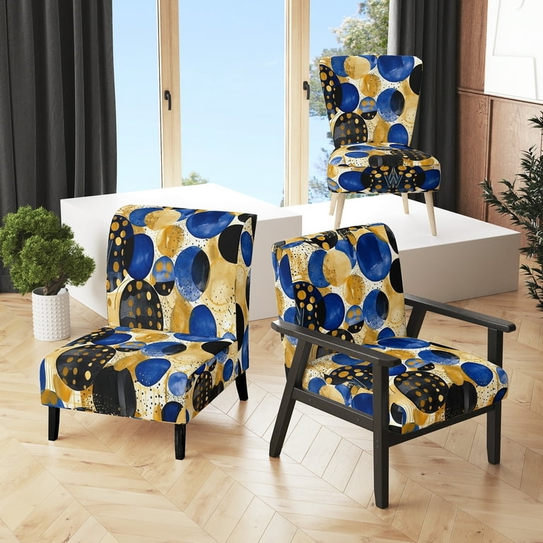 Tub Chair Navy Gold Abstract Marbled Pattern Tapered Wood Legs