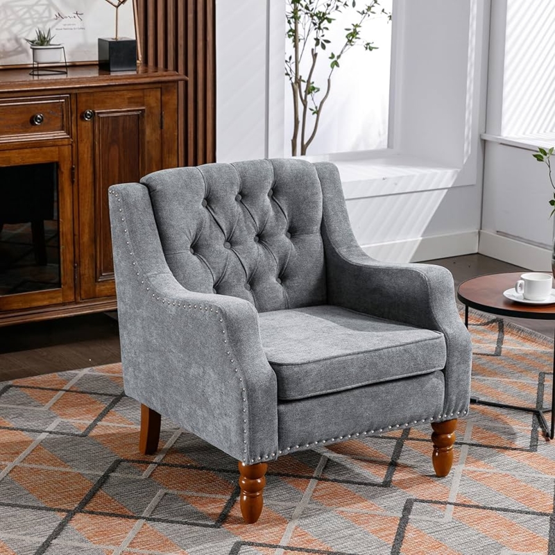 Tufted Accent Chair with Olive Green Upholstery and Turned Metal Legs