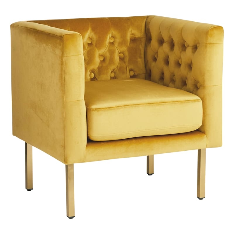 Tufted Accent Chair with Rolled Arms in Mustard Velvet Fabric