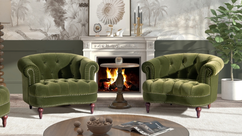 Tufted Accent Chairs Olive Green Velvet Nailhead Trim Victorian Style