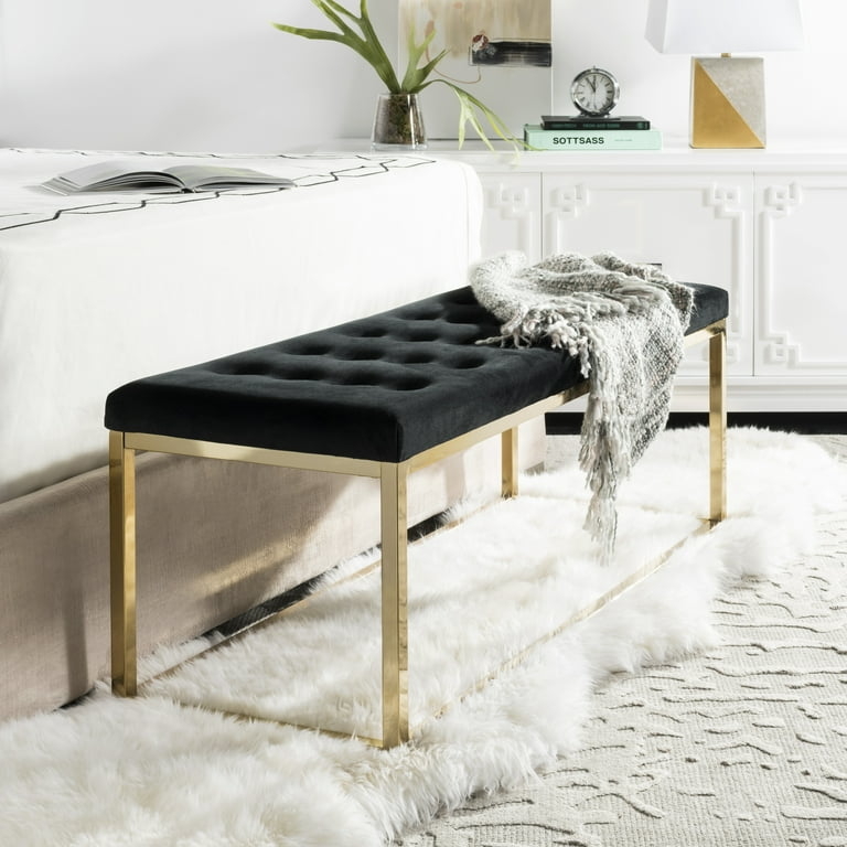 Tufted Bench Brass Toned Metal Base Black Velvet Sled Base