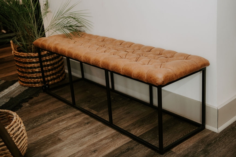 Tufted Bench Brown Faux Leather Open Metal Frame Industrial Hallway