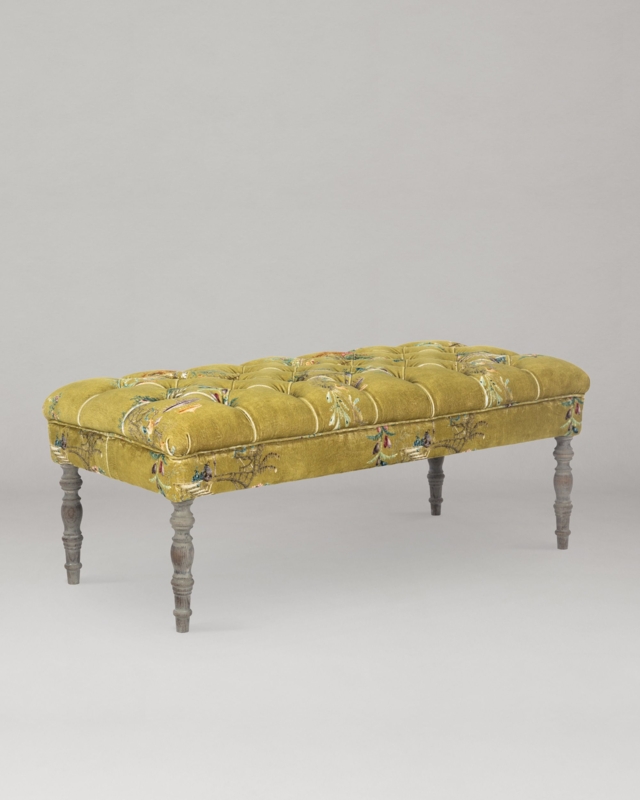 Tufted Bench Green Chinoiserie Velvet Diamond Tufted with Caster Feet