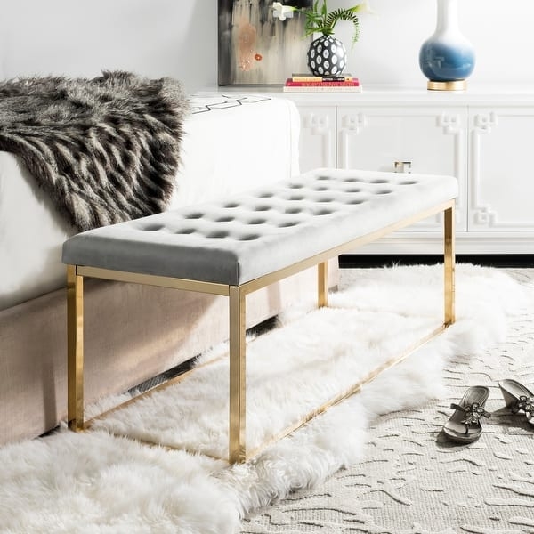 Tufted Bench Grey Velvet Button Tufted Seat Brass Sled Base
