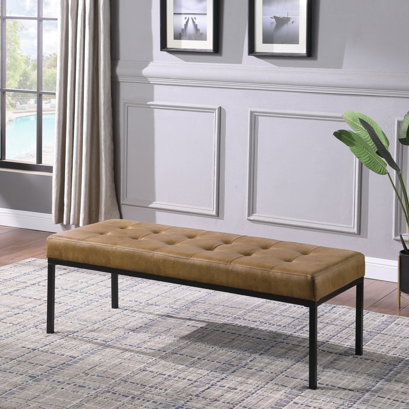 Tufted Bench Tan Faux Leather Black Metal Frame Industrial Style