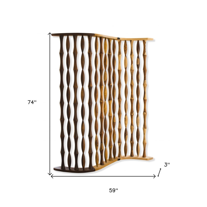 Turned Spindle Room Divider, Two-Tone Natural Wood Folding Screen
