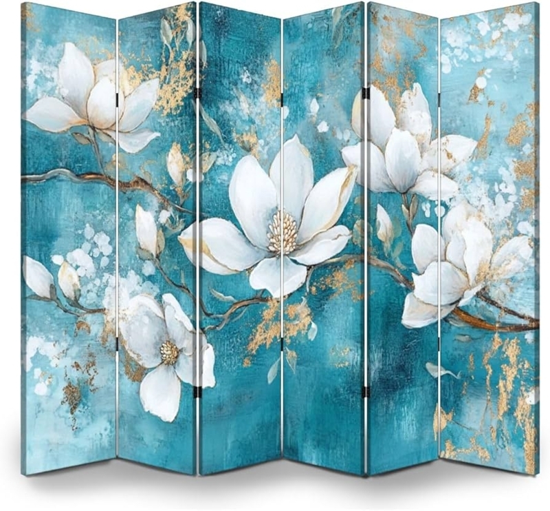 Turquoise and Gold Floral Room Divider, Six-Panel Magnolia Screen