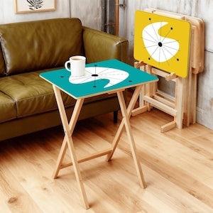 Tv Tray Set Botanical Print Folding with Storage Rack Teal Retro