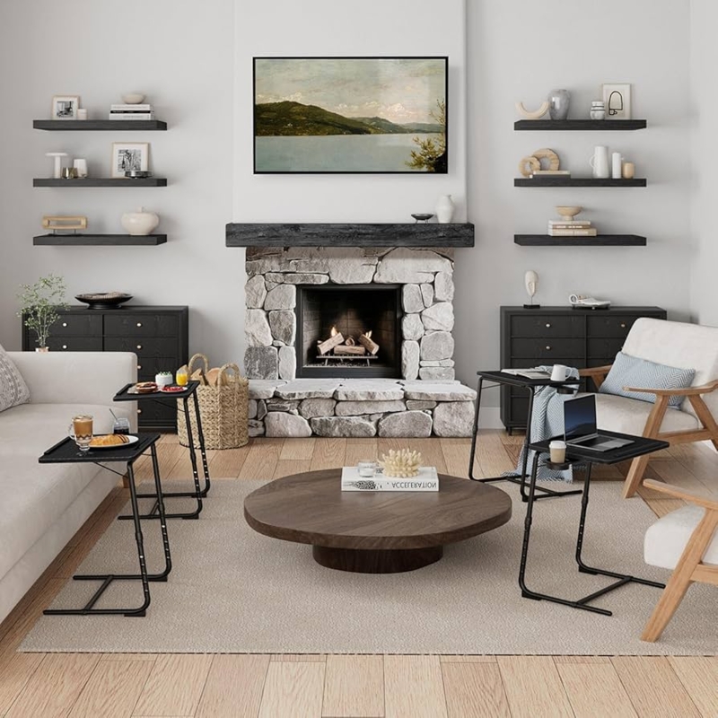 Tv Tray Set Folding with Rack Black Integrated Cup Holder Minimalist