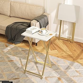 Tv Tray Set of 2 White Top Gold Metal Frame Folding Glam Style