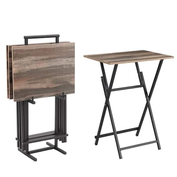 Tv Tray Set of 4 Warm Brown Wood Toned Folding Tables with Stand