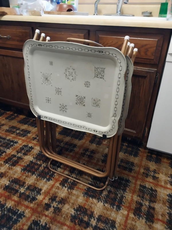 Tv Tray Set: Silver Metal, Rolling Storage Stand, Mobile Snack Table