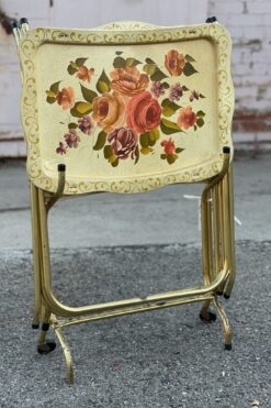Tv Tray Set: Vibrant Floral Motif, Gold Toned Legs, Folding Snack Tables