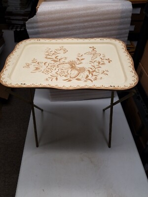 Tv Tray Table: Floral Bouquet Graphic, Black Metal Stand, Folding Snack Table
