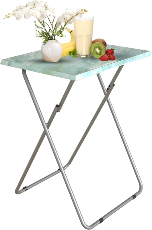 Tv Tray Table with Sea Blue Top and White Folding X-Frame Base