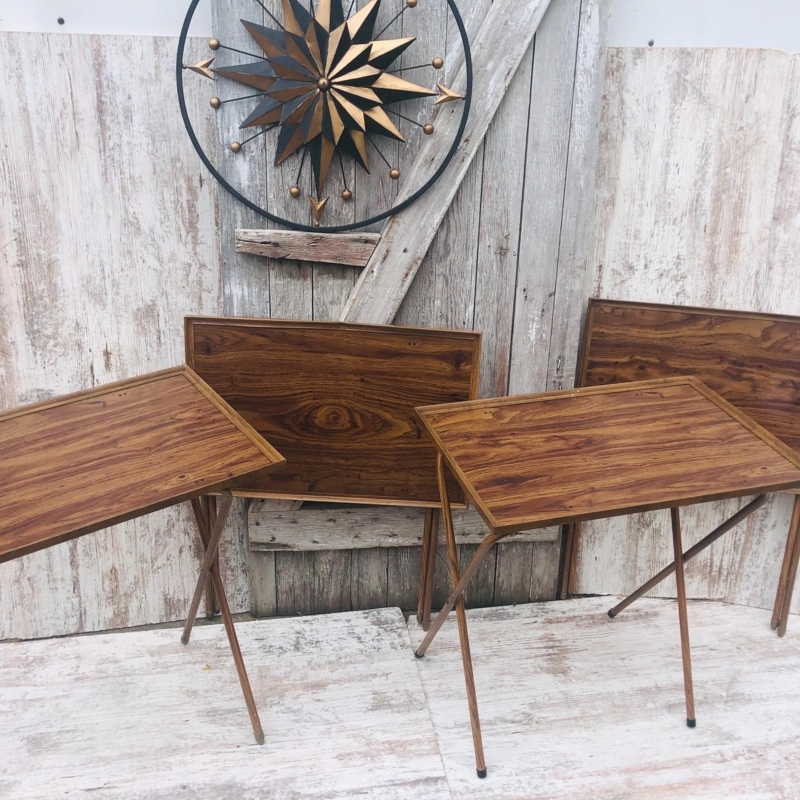 Tv Trays Set of 4 Mid-Century Retro Faux Wood Black Tapered Legs