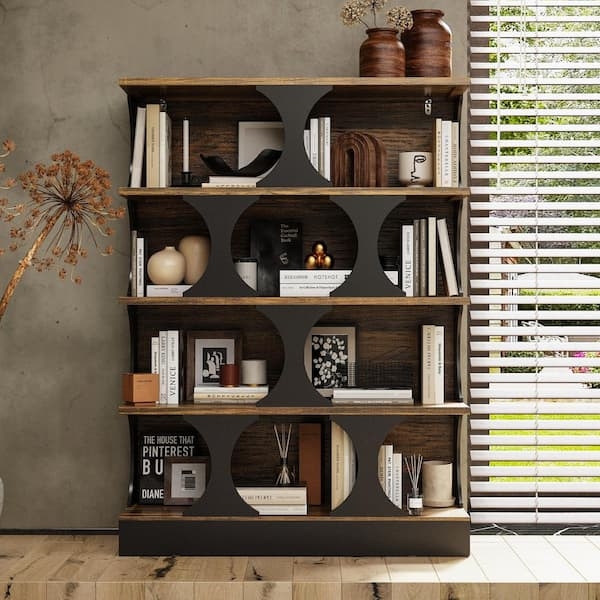 Two-Tone Geometric Bookcase Black and Walnut Finish