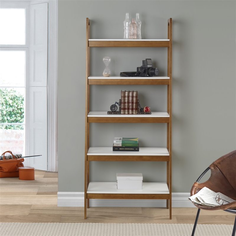 Two-Tone Open Bookcase in White and Wood Finish with Splayed Legs
