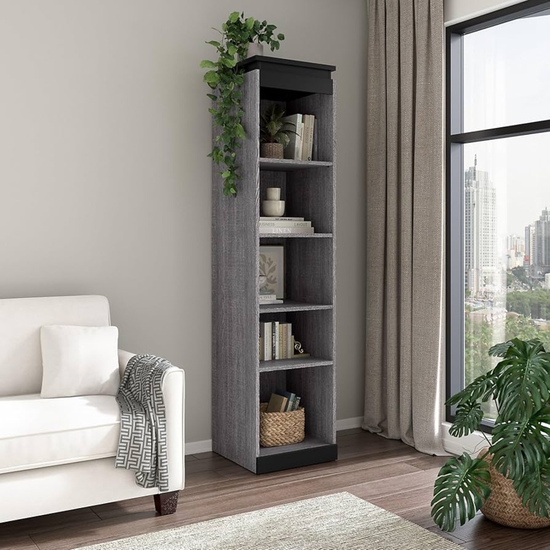 Two-Toned Modern Bookshelf: Narrow Charcoal & Grey 5-Shelf Unit