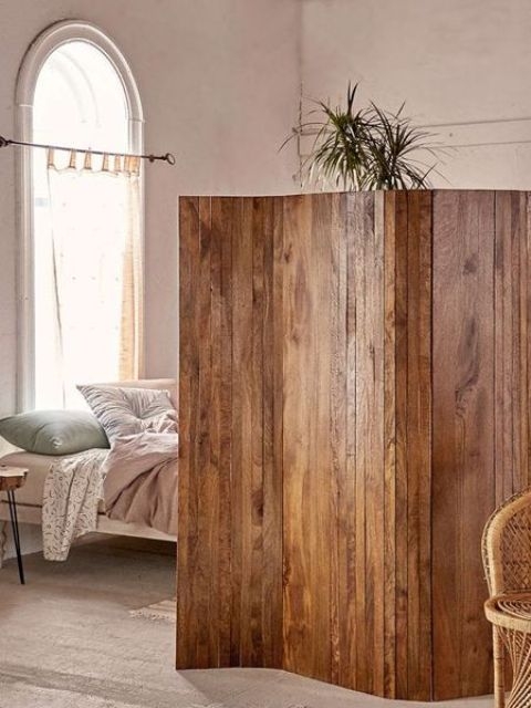 Undulating Form Room Divider, Vertical Wood Plank Privacy Screen