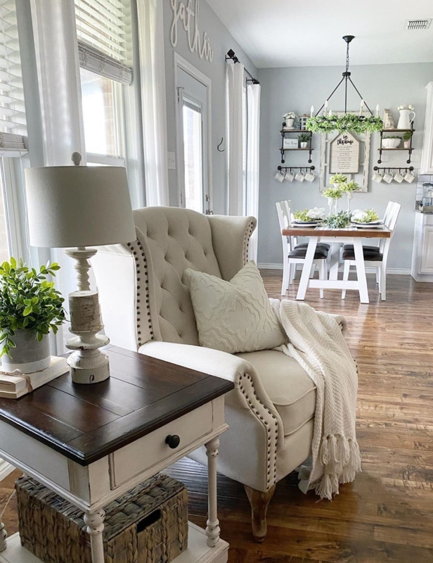 Upholstered Accent Chair with Weathered Curved Wood Arms