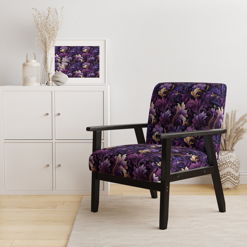 Upholstered Armchair Purple Gold Paisley Pattern Bohemian Track Arms