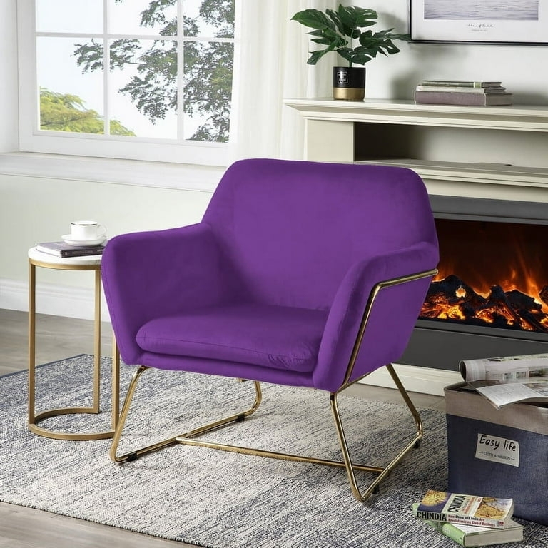 Upholstered Armchair Purple Velvet Channel Tufting Gold Metal Legs