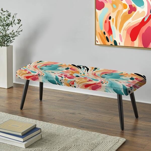 Upholstered Bench Abstract Feather Print Gold Tapered Legs Modern Accent
