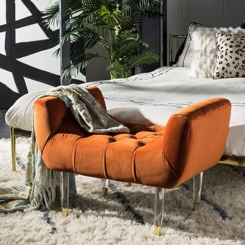Upholstered Bench Acrylic Legs Burnt Orange Velvet Tufted Seat