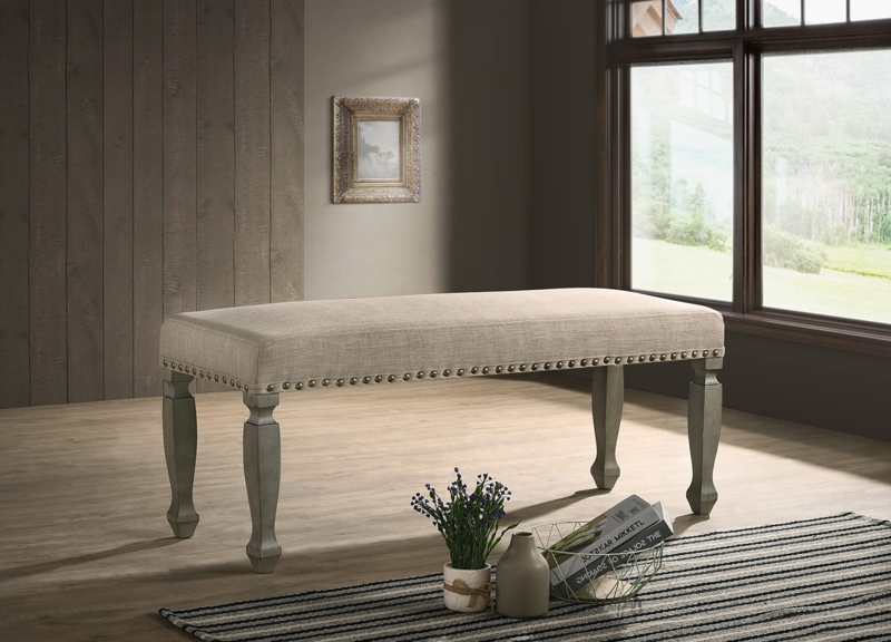 Upholstered Bench Antique Gray Button Tufted Seat Nailhead Trim