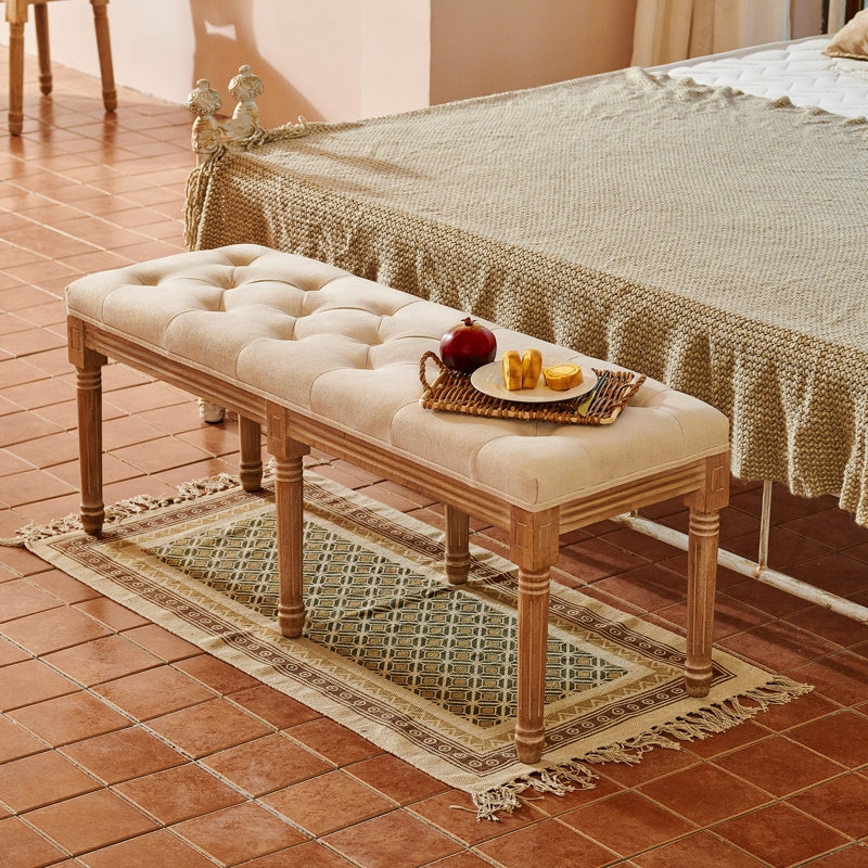 Upholstered Bench Beige Button Tufting Six Turned Legs Rustic Style