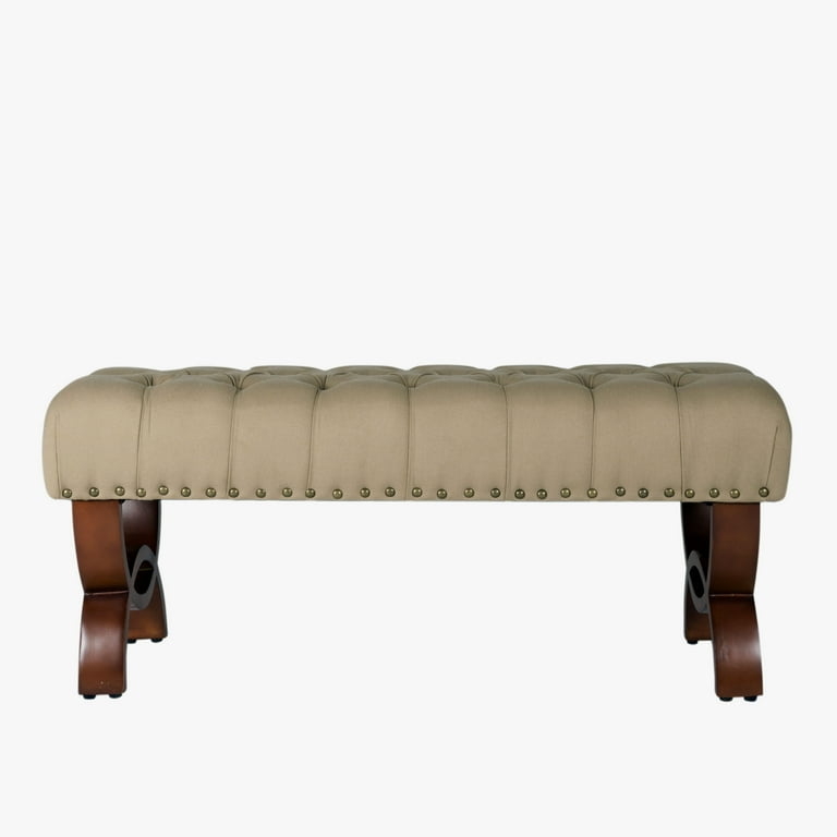 Upholstered Bench Beige Linen-Like Button Tufting Classic Nailhead Trim