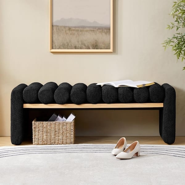 Upholstered Bench Black Leather-Like Splayed Legs Minimalist Mid-Century