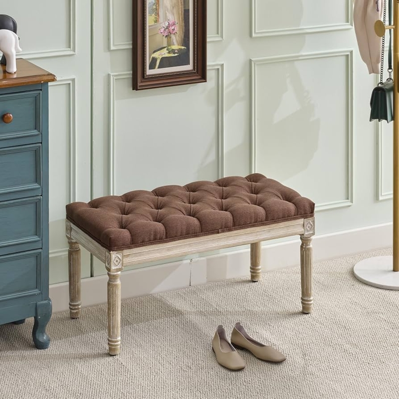 Upholstered Bench Brown Linen Diamond Tufted Turned Legs French Country