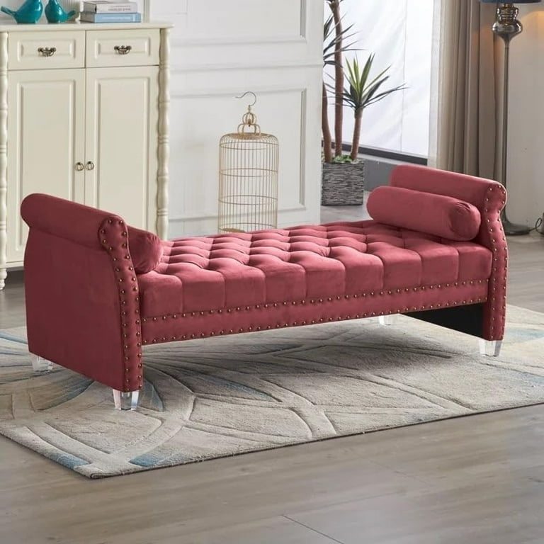 Upholstered Bench Burgundy Velvet Rolled Arms Casters Victorian Entryway