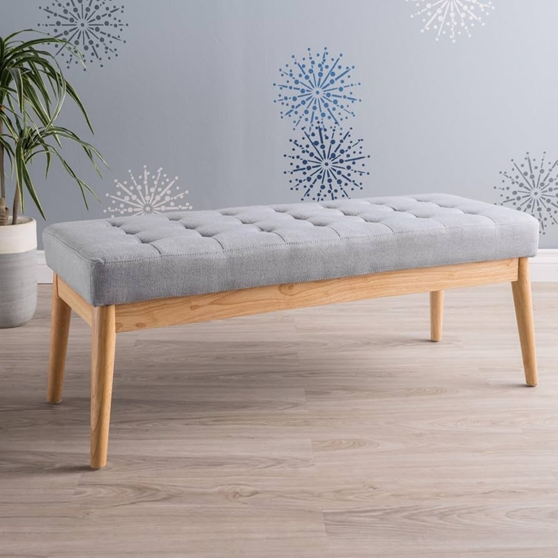 Upholstered Bench Button Tufting Tapered Wood Legs Mid-Century Modern