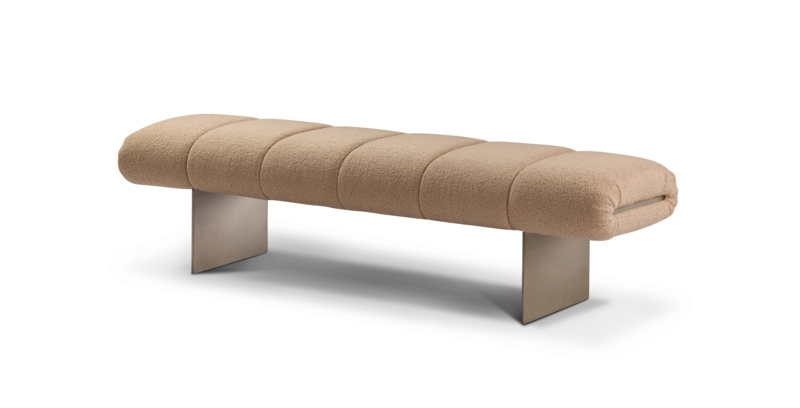 Upholstered Bench Channeled Boucle Seat Slab Metal Legs